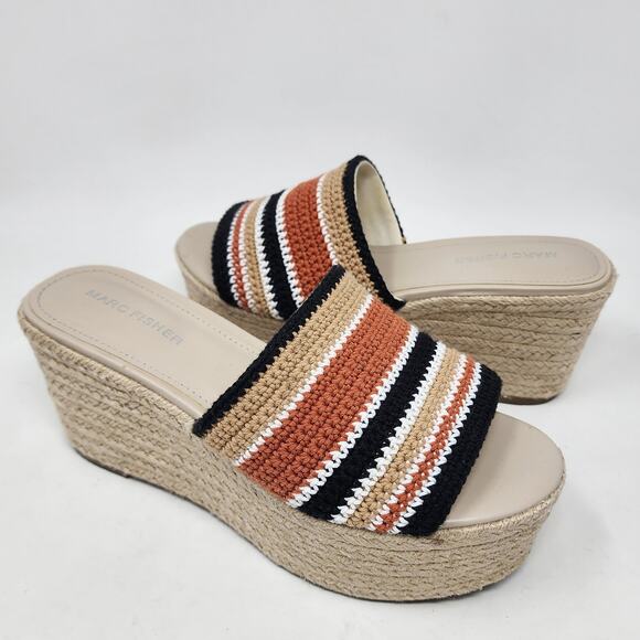 Marc Fisher Slide Sandals Women 8.5M Lannia Platform Black Rust Crochet Jute - Picture 3 of 11